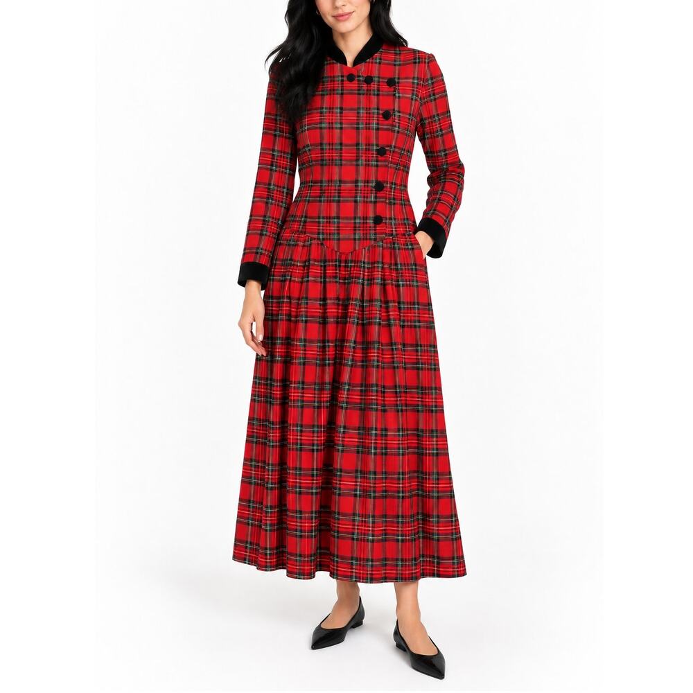 1980s R.J. Stevens Vintage Red Plaid Long Sleeve Maxi Dress 12 Large Christmas